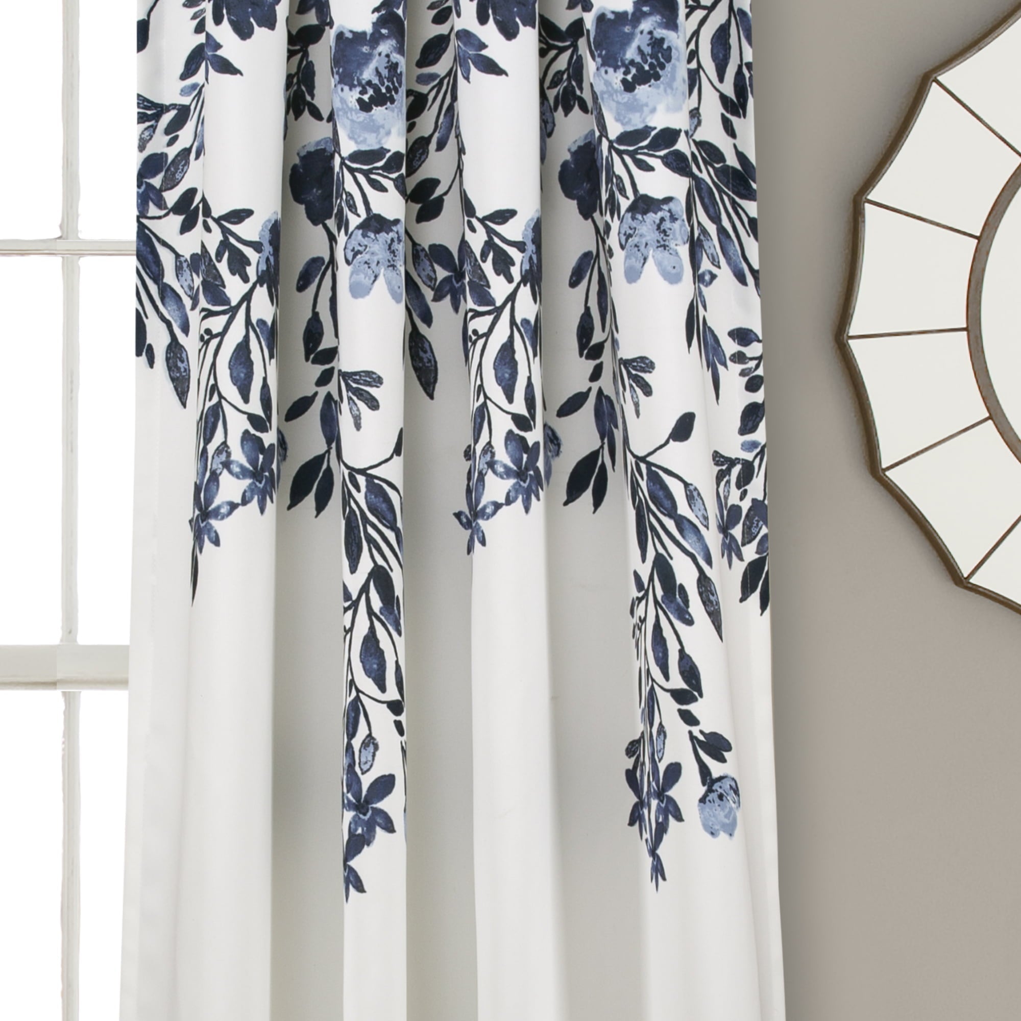 Lush Decor Tanisha Room Darkening 95" x 52" + 2" Header Floral Navy 3" Rod Pocket Pair Window Panel Curtain