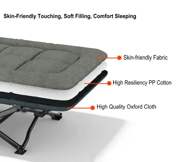 Hot Selling Portable Metal Single Easy Carrying  Foldable Comfortable Bed Camping Cot Bed with Cushion and Pillow  in One