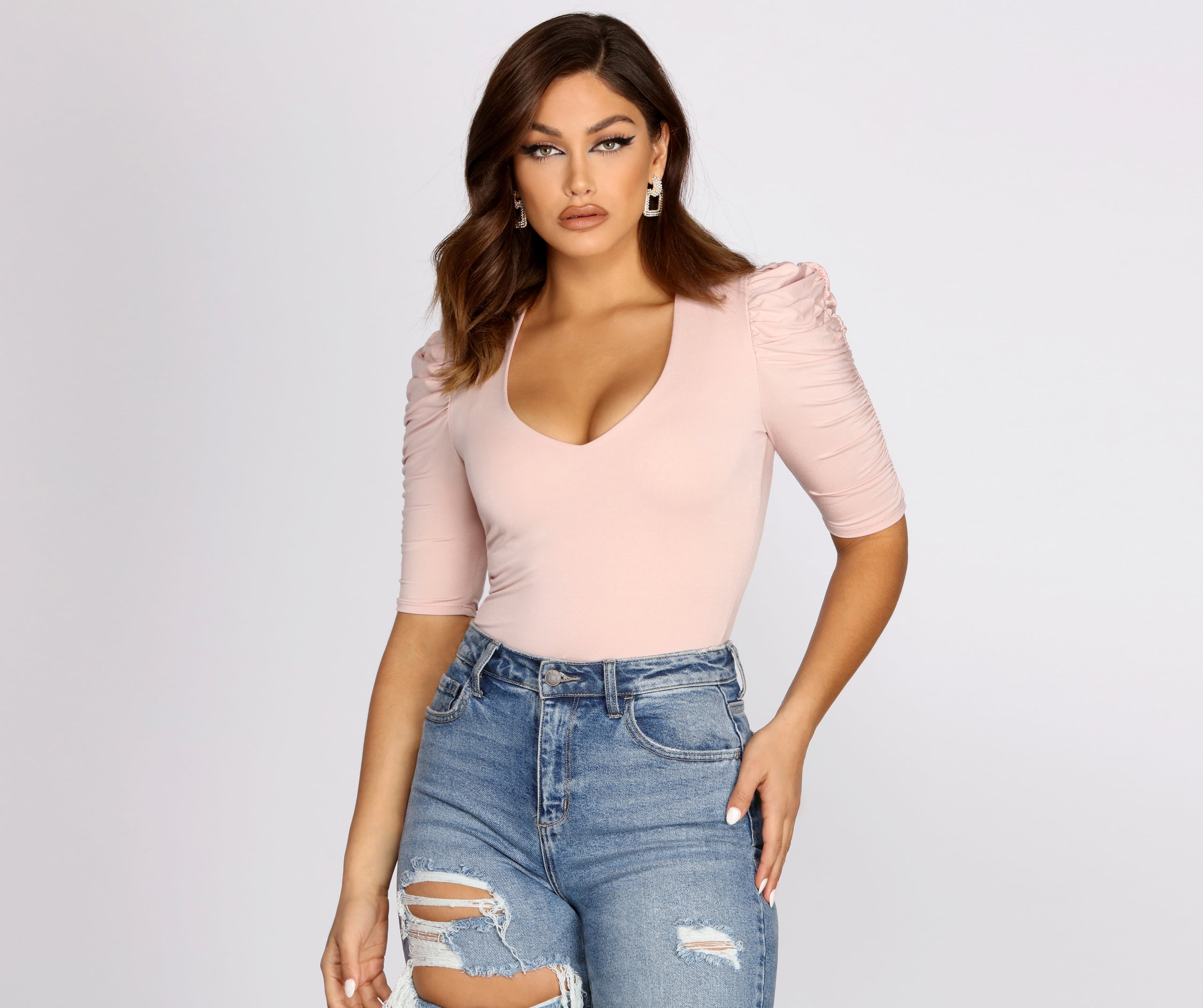 Ruched Puff Shoulder Bodysuit