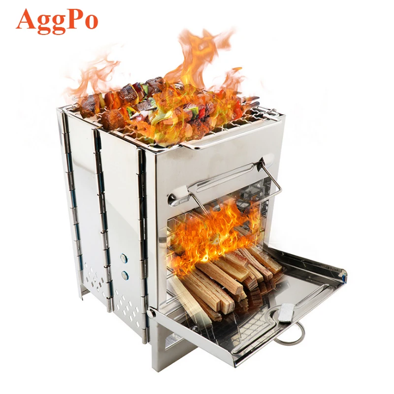 15 CM Outdoor Square Wood Barbecue Stove Folding Camping Stainless Steel Burning Cooking Stoves Hiking Picnic BBQ Grill Cooker