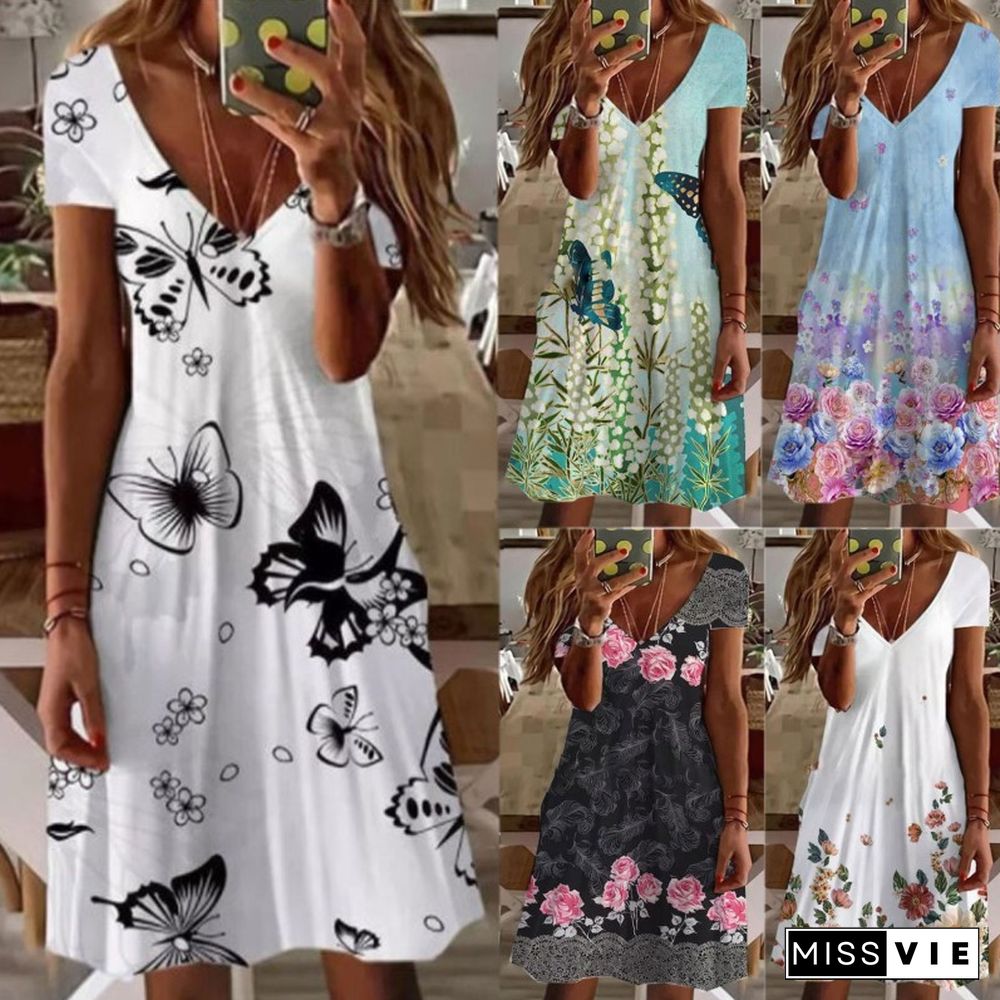 Summer Boho Mini Dresses Women Vintage Casual V Neck Short Sleeve Dress Female Sexy Floral Print Beach Party Dress Vestidos