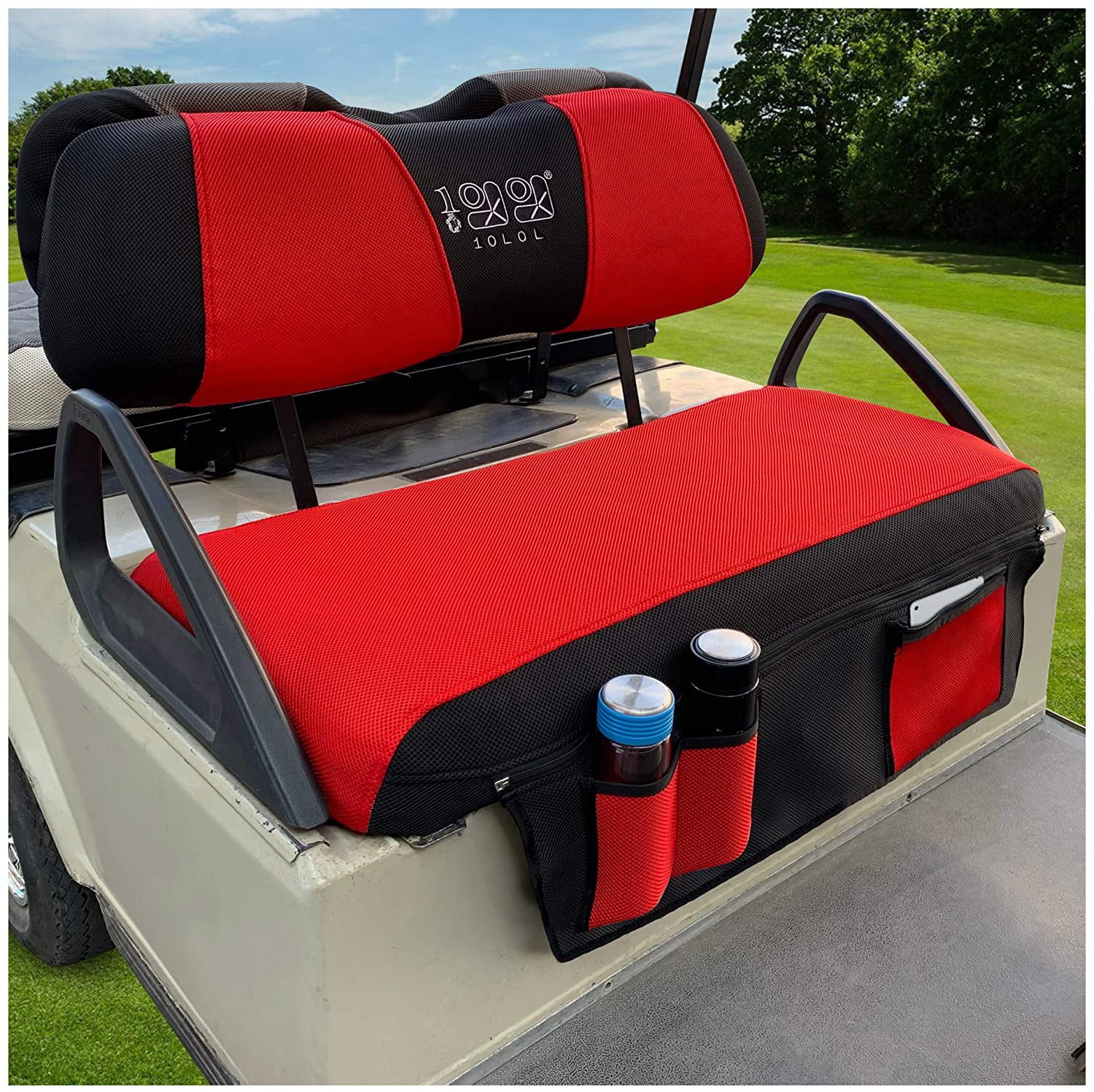 10L0L Newest Golf Cart Seat Cover with Storage Bag Fit Golf cart EZGO RXV TXT Club Car DS， Mesh Polyester Washable Breathable Red Black-Small