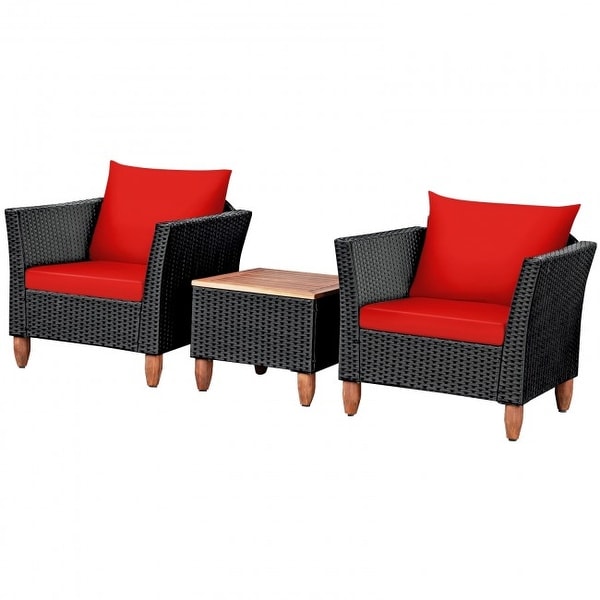 3 Pcs Outdoor Patio Rattan Furniture Set Wooden Table Top Cushioned Sofa