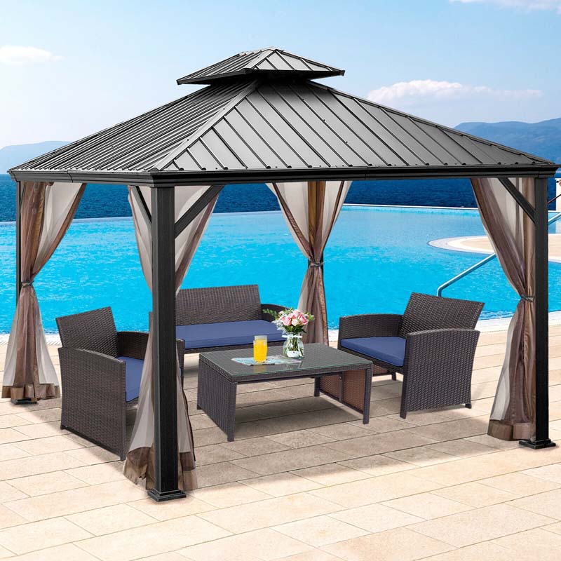 12 x 10 FT Hardtop Gazebo with Netting & Central Hook, 2-Tier Outdoor Patio Metal Gazebo Canopy Tent