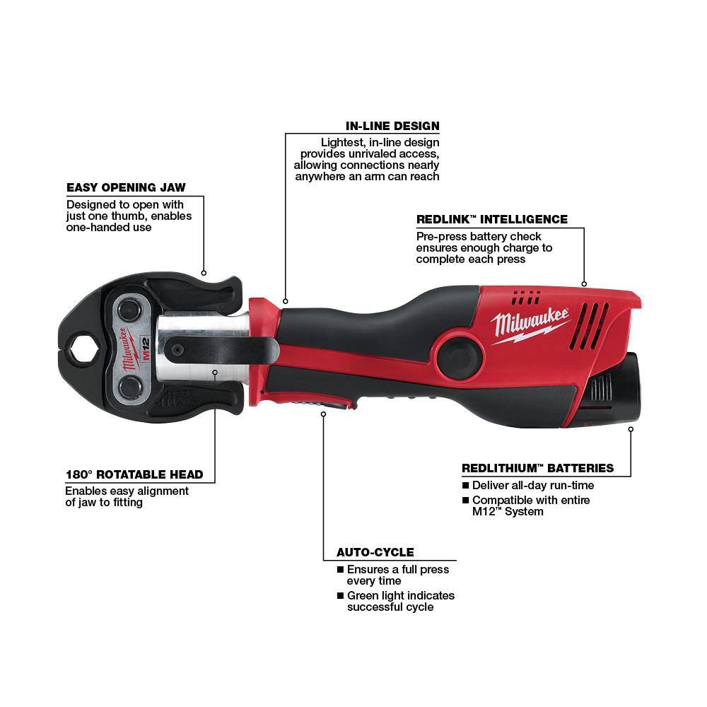 MW M12 12-Volt Lithium-Ion Force Logic Cordless Press Tool 2 Jaw Kit w 1.5 Ah Battery and Hard Case 2473-20-49-16-2450-49-16-2451