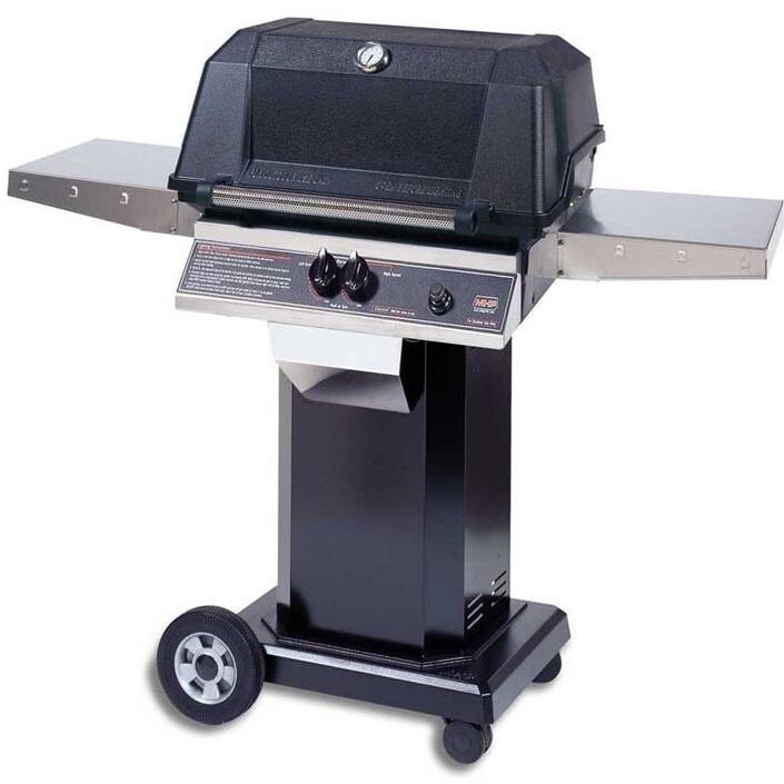 MHP WNK4DD Propane Gas Grill With Stainless Steel Shelves And SearMagic Grids On Black Cart