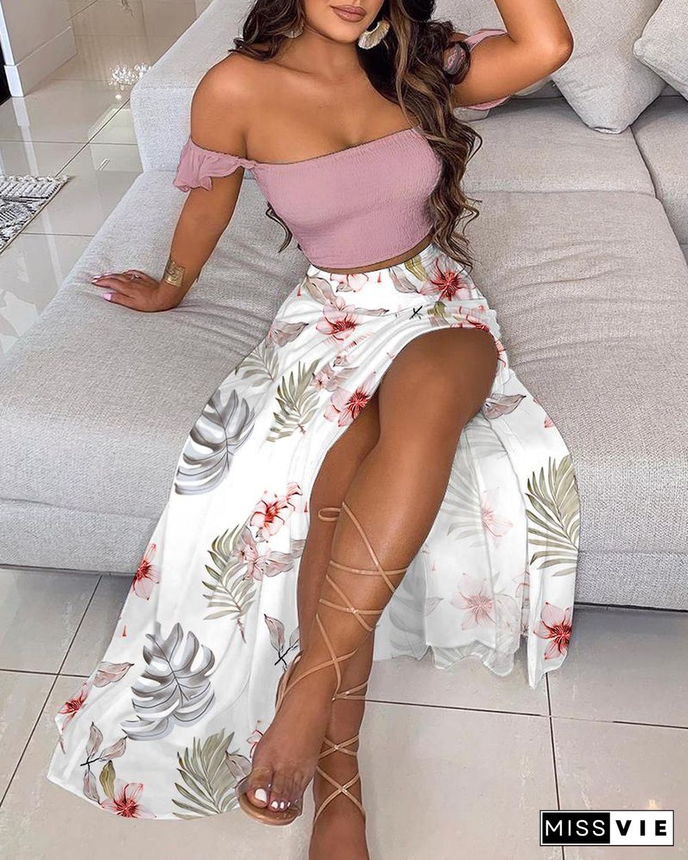 Solid Off Shoulder Crop Top & High Split Skirt Set