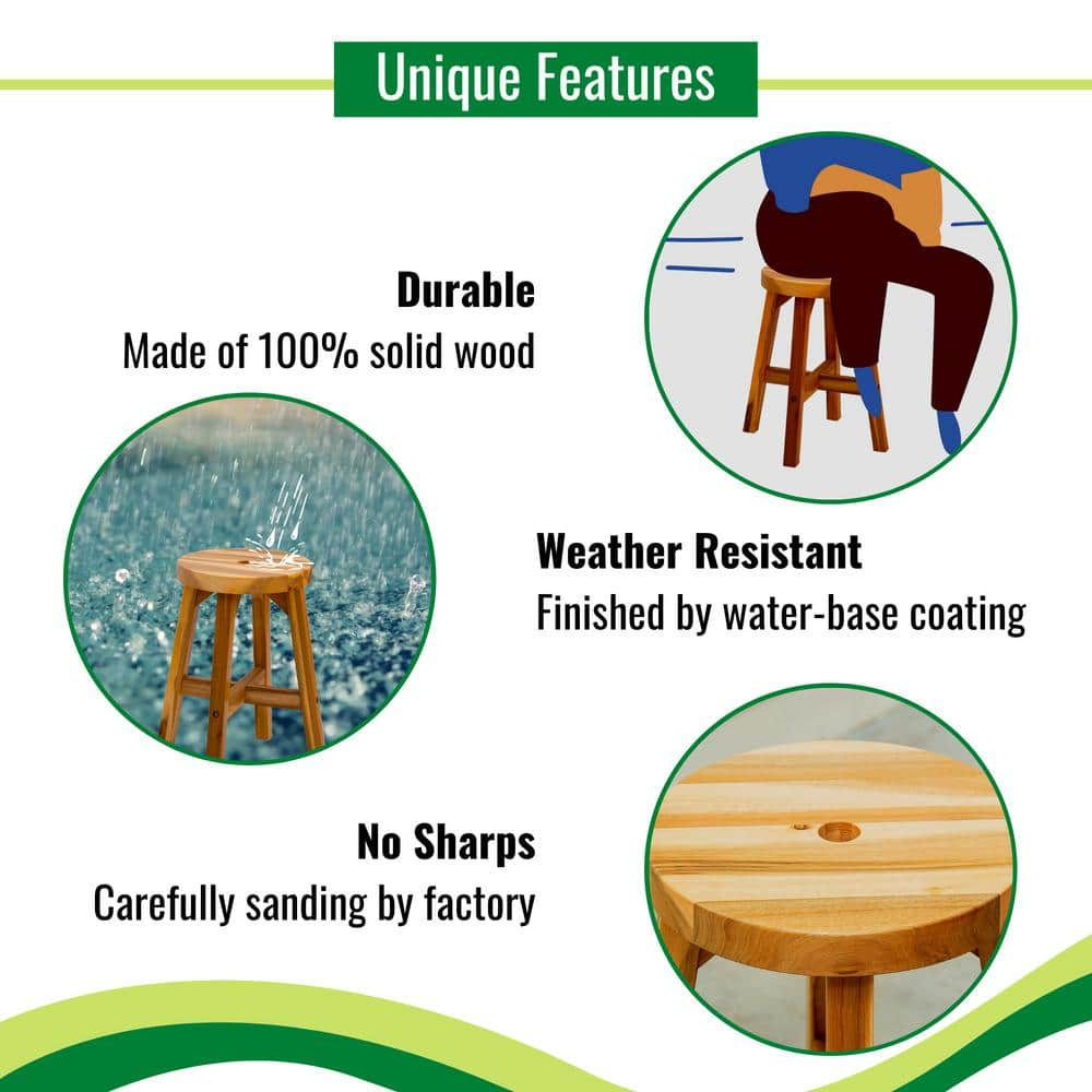 URTR 17.7 in. Brown Acacia Wood Stool with Footrest Round Accent Chair Bar Stool For Dining, Indoor and Outdoor  (Set of 1) HY01818Y