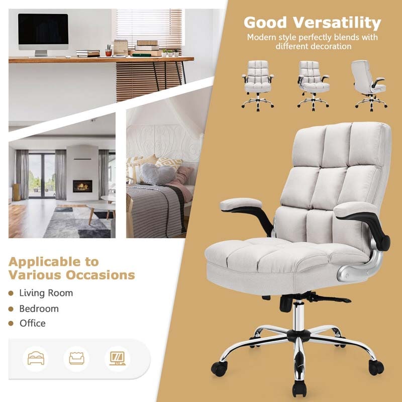 Linen Fabric Thick Padding Big & Tall Executive Office Chair with Flip-up Armrest, Swivel High Back Computer Desk Chair