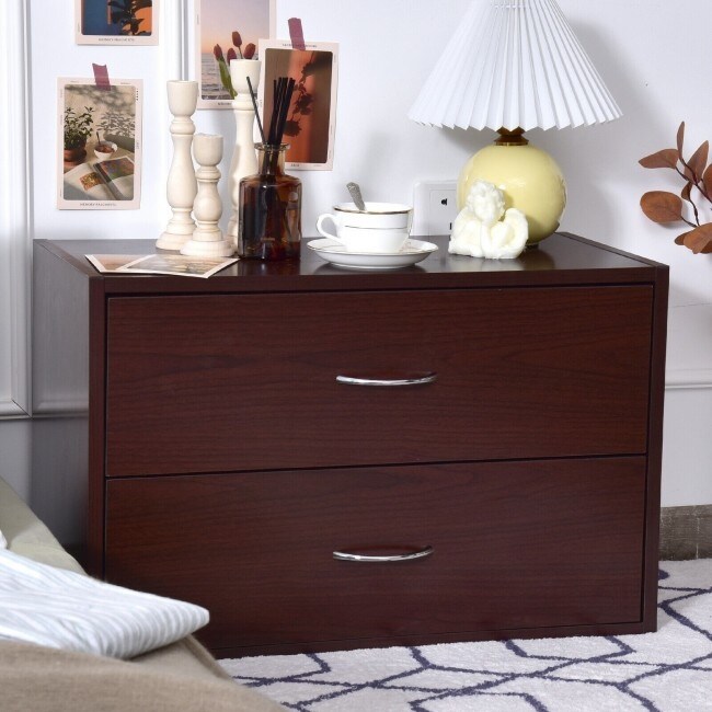 2 Drawer Dresser Horiztonal Organizer End Table Nightstand with Handle Wood Brown