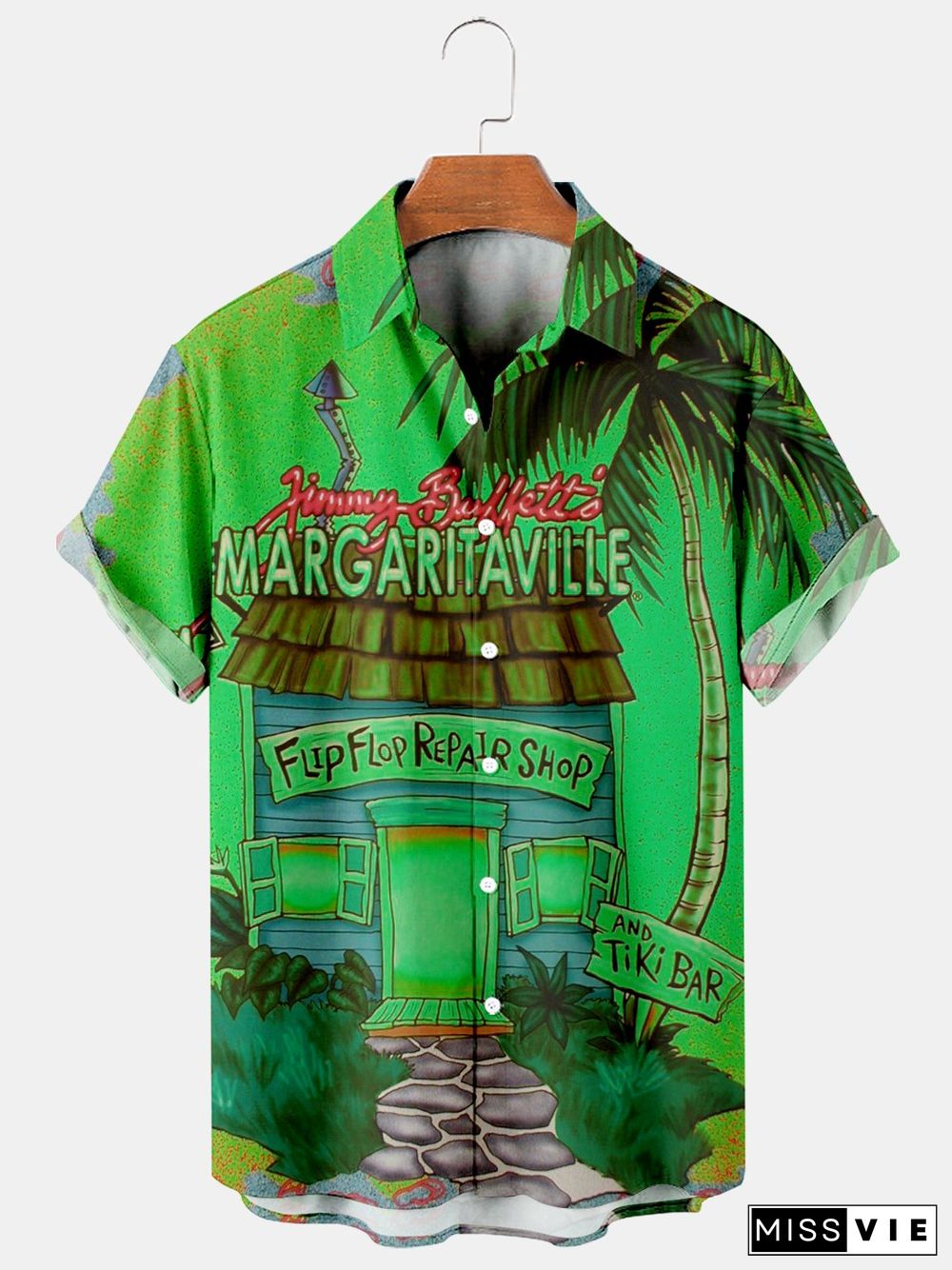 House And Coconut Tree Casual Loose Men's Plus Size Short-Sleeved Shirt