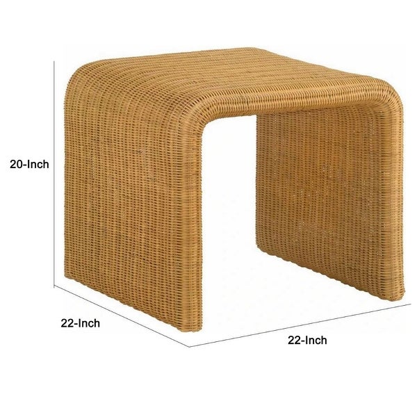 22 Inch Side End Table， Woven Rattan Frame， Waterfall Edges， Square Surface - 22L x 22W x 20H， in inches