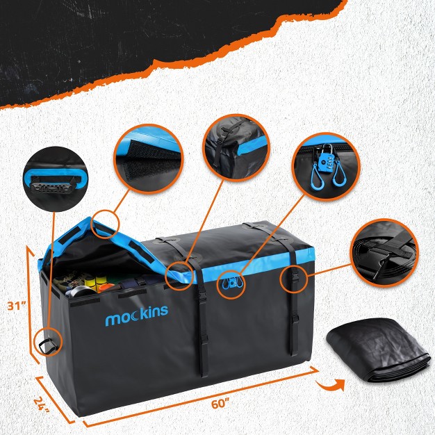 Mockins Xl Hitch Mount Cargo Carrier Rack 60x24x6 quot 25 Cubic ft Bag 500 Pound Capacity Black blue