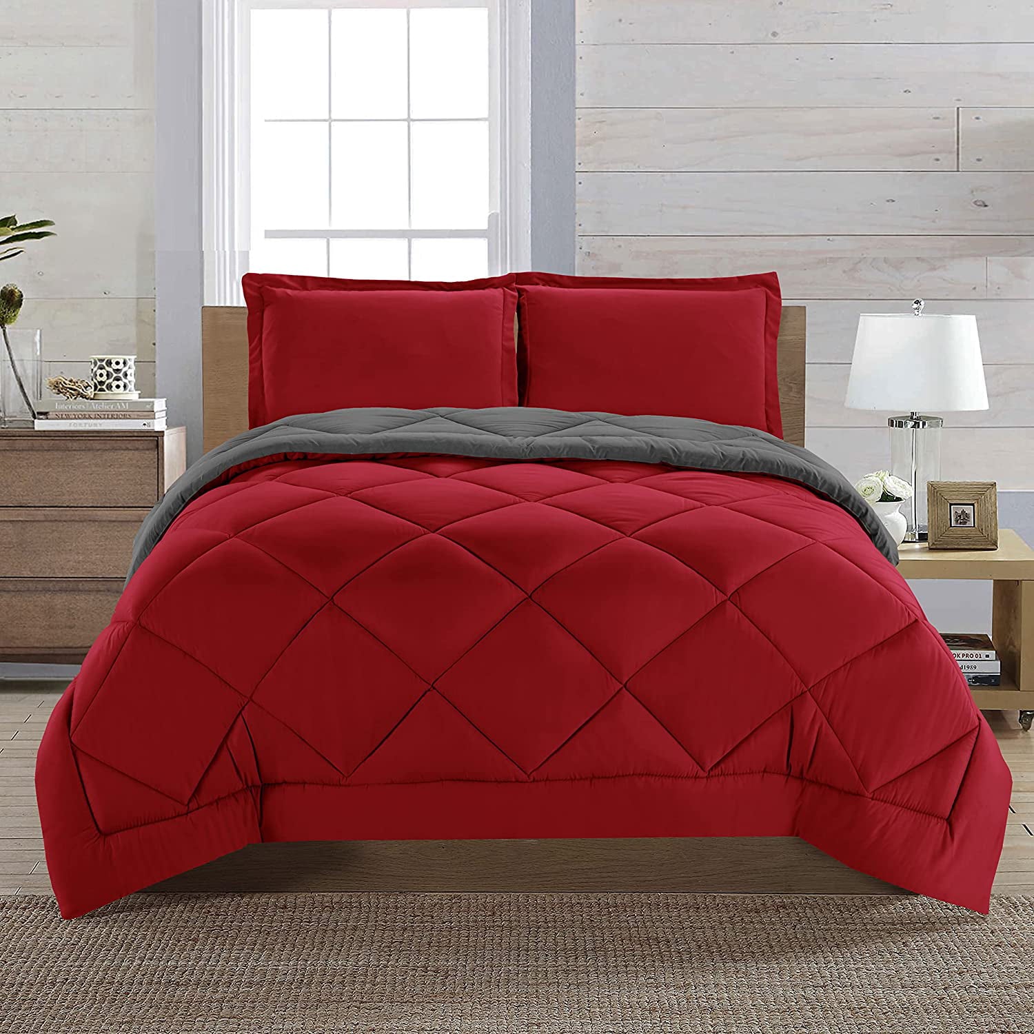 Goose Down Alternative 3pc Comforter Set- Full/Queen， Red/Gray