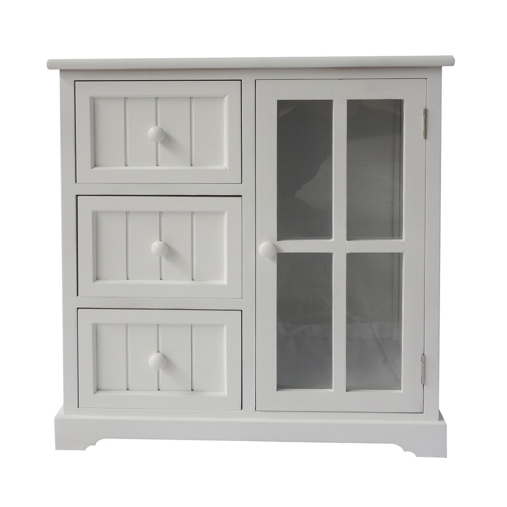 24 Inch Paulownia Wood Accent Cabinet  3 Drawers  1 Glass Door  White