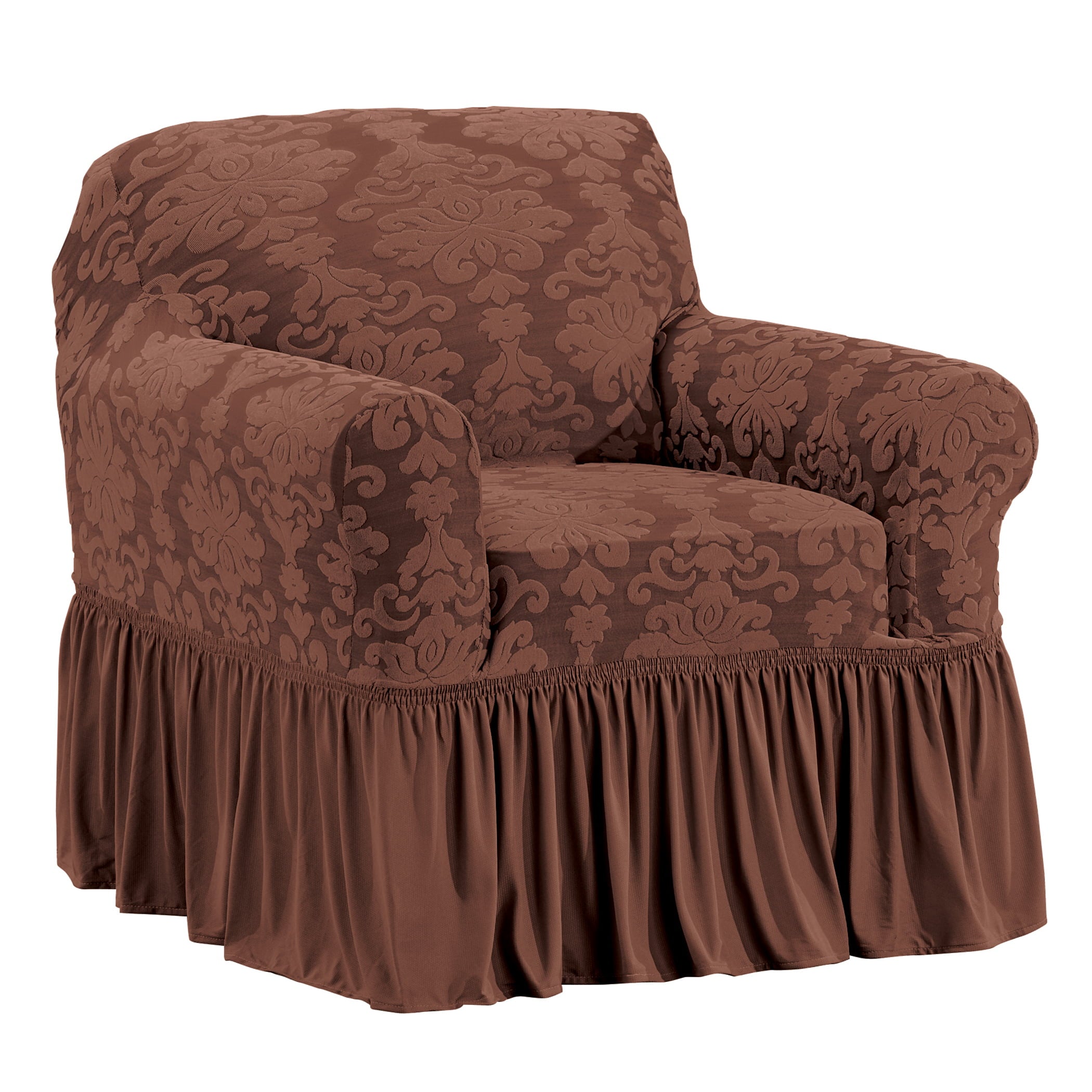 Collections Etc Elegant Ruffled Protective Stretch Furniture Slipcover Chocolate Chair