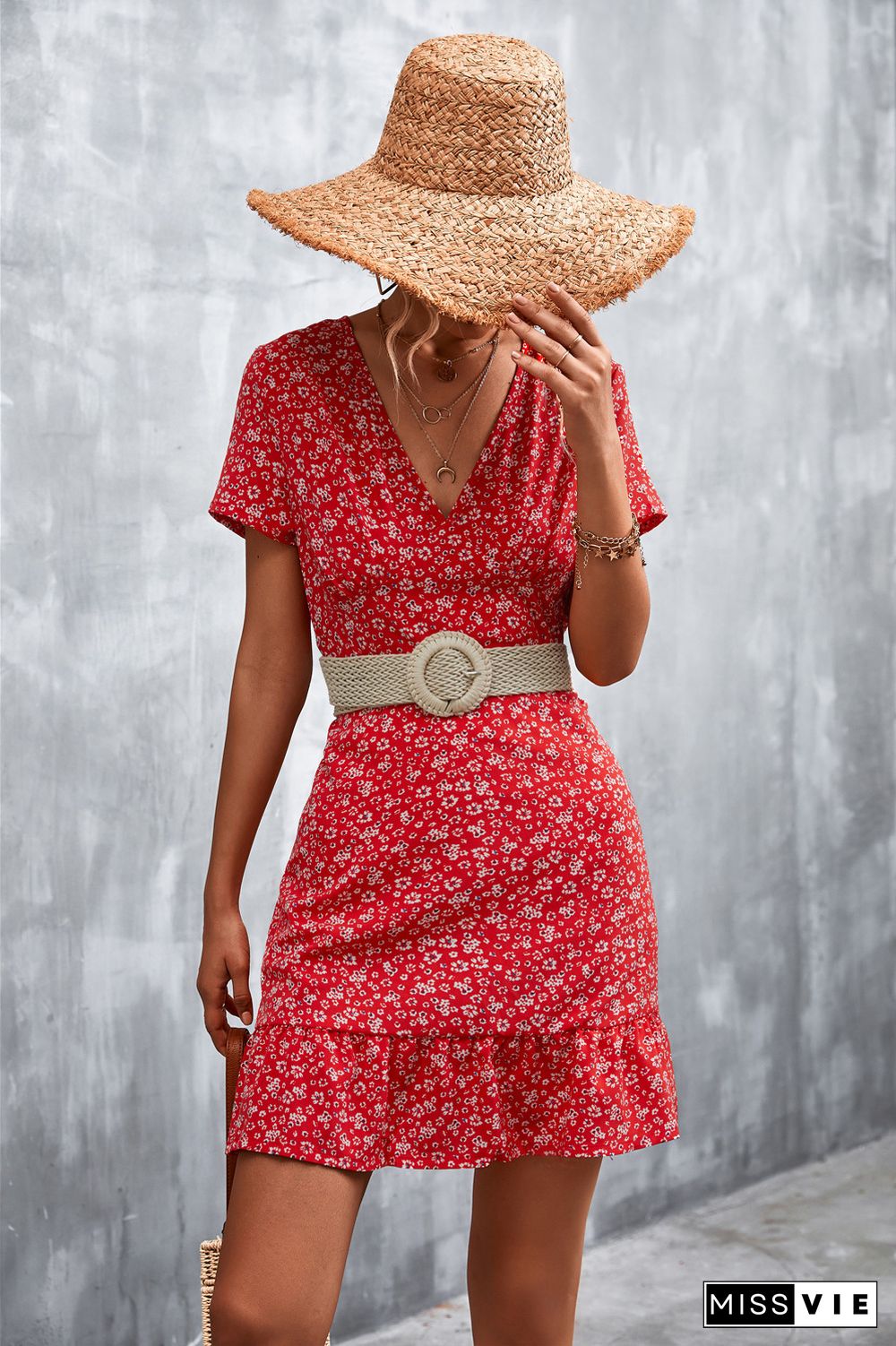 Summer Beach Red Dress For Women V-neck Print Floral Dots Stitching Ruffles Mini Dress Female Short-sleeved Sexy Boho Sundress