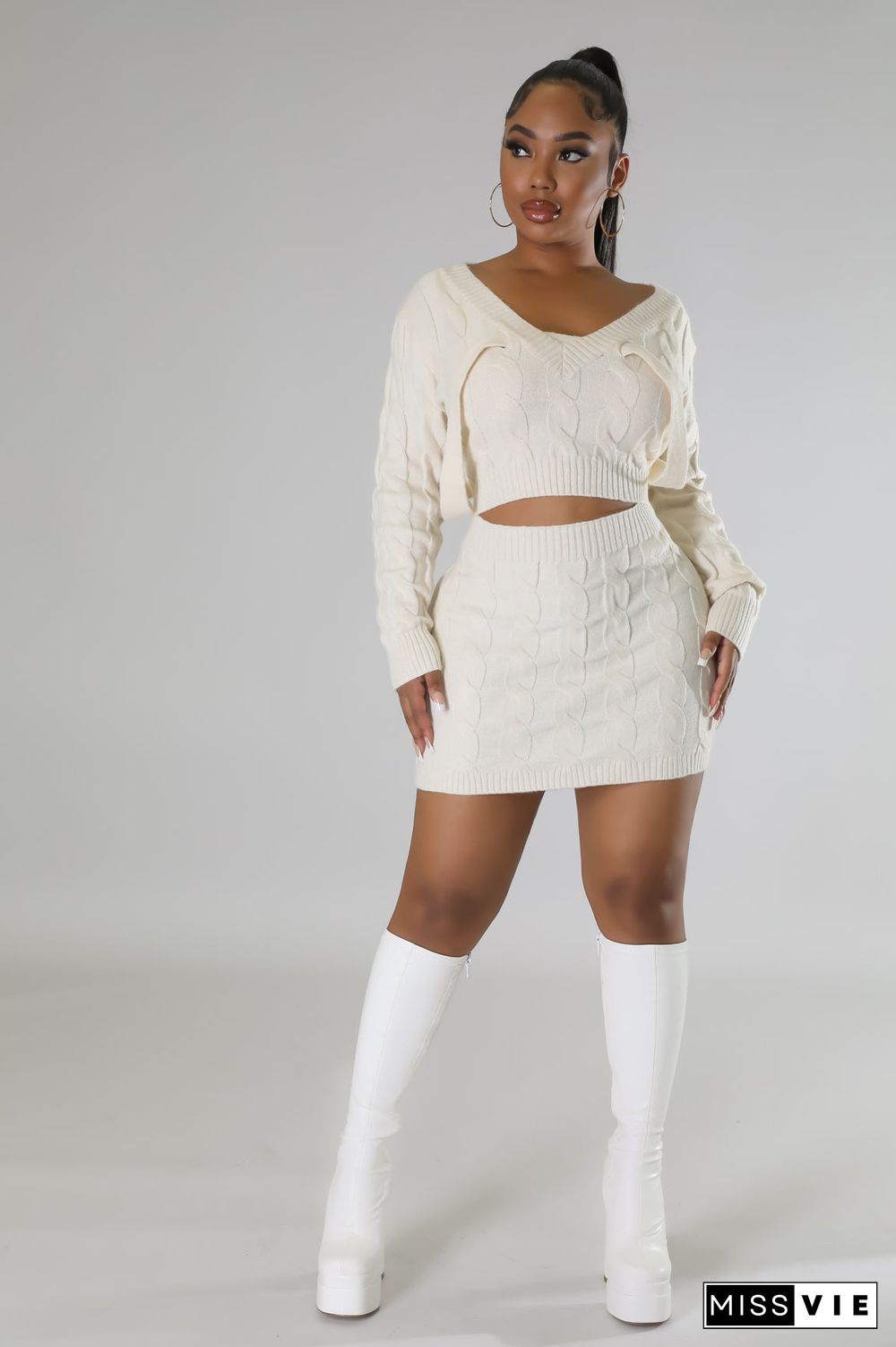 Solid Knitted Sweater Crop Tops Mini Skirt Two Piece Set