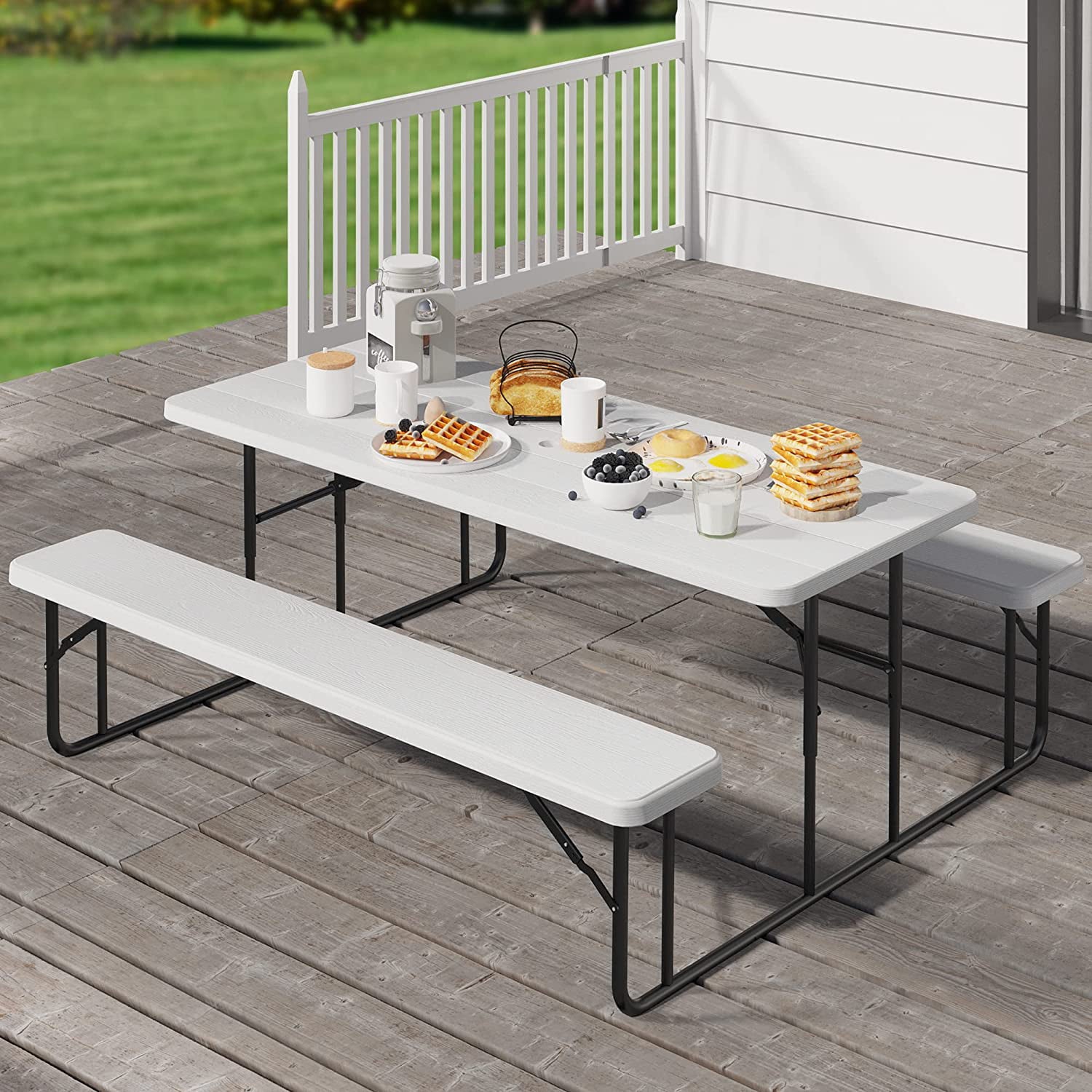 YITAHOME 6ft Folding Picnic Table Heavy Duty Outdoor Picnic Table and Bench Resin Tabletop and Stable Steel Frame w/Umbrella Hole for Yard Patio Lawn Party White