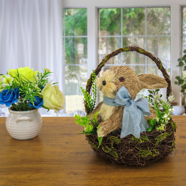 National Tree Company Woven Basket With Bunny Table Decoration Woven Branch Base Decorated With Fern Fronds Tulips Easter Collection 10 Inches