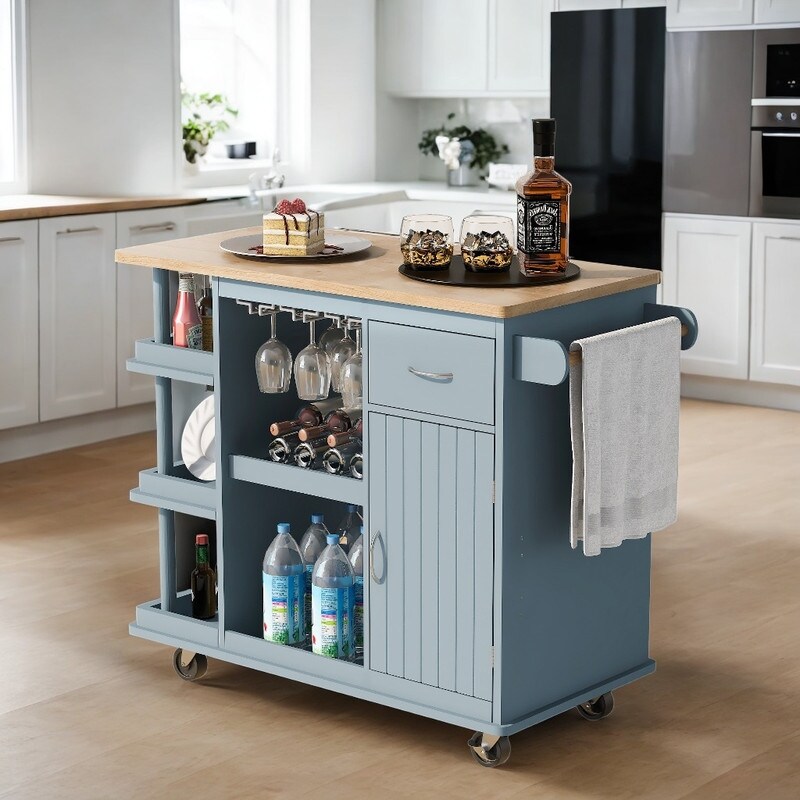 Multipurpose 5 Wheels Kitchen Island Cart Cabinet with Storage Shelves and Wine Rack for Dining Room  Bar