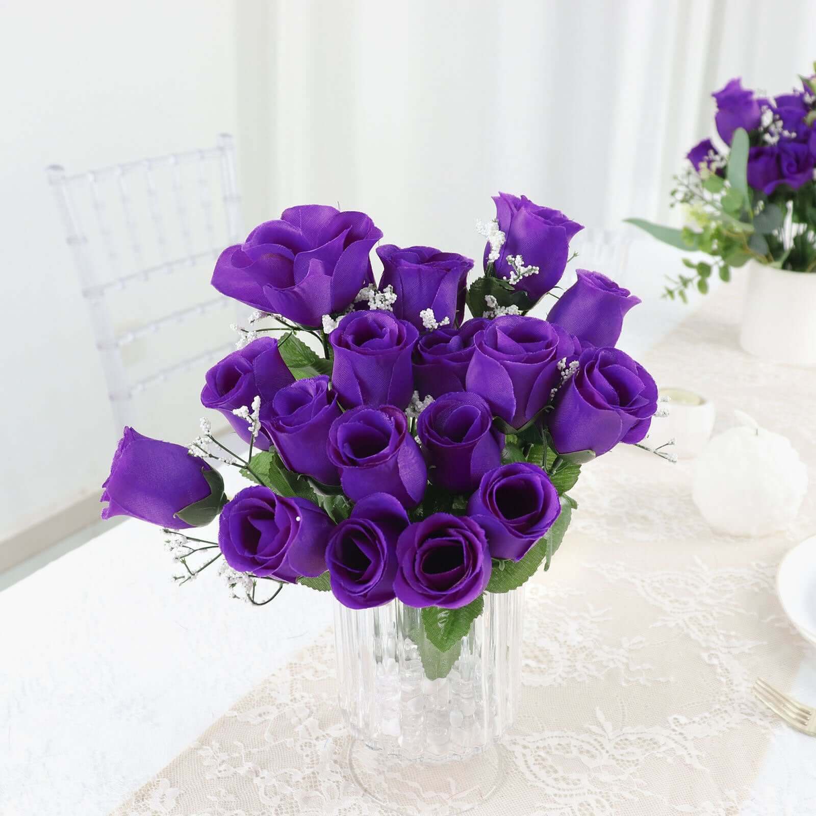 12 Bushes Purple Artificial Premium Silk Flower Rose Bud Bouquets