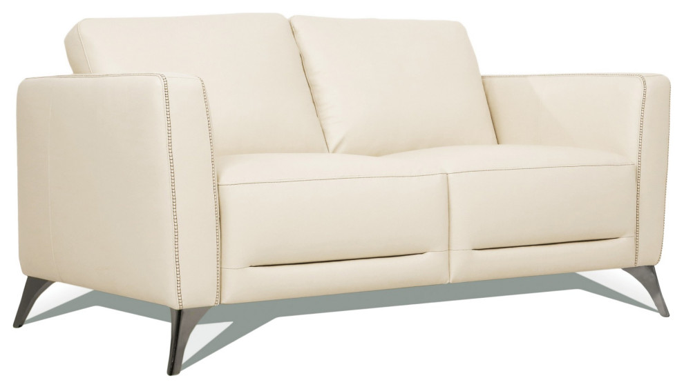 Leather Upholstered Loveseat With Track Arms And Angled Metal Feet  Cream   Contemporary   Loveseats   by VirVentures  Houzz