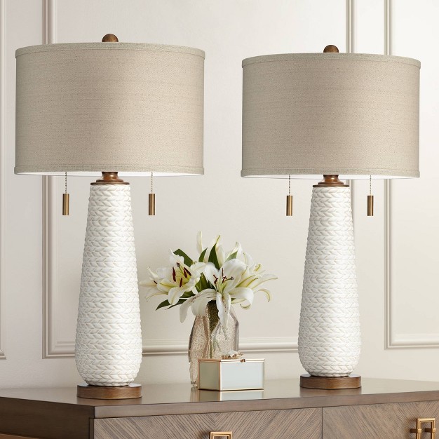 Tall Set Of 2 White Textured Ceramic Taupe Drum Shade For Bedroom Living Room Home