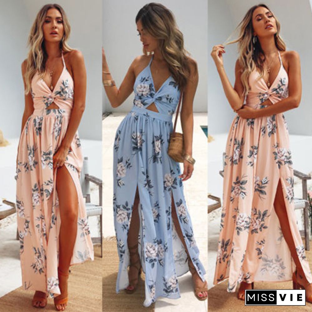 Womens Summer Boho Maxi Long Dress Evening Party Beach Dresses Sundress Floral Halter Dress Summer