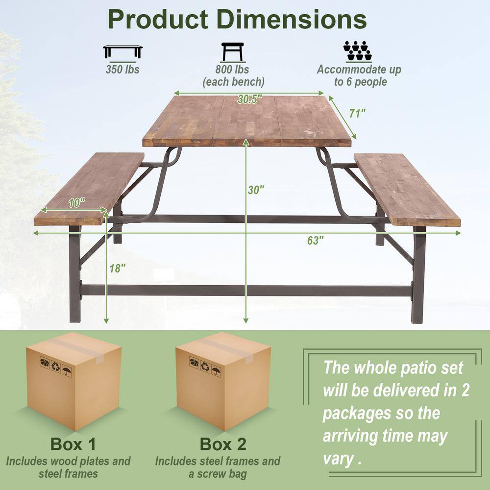 HONEY JOY 71 in. Wood Outdoor Picnic Table Bench Set Camping Table Set with Wood Tabletop and Seat 2 in. Umbrella Hole TOPB006624