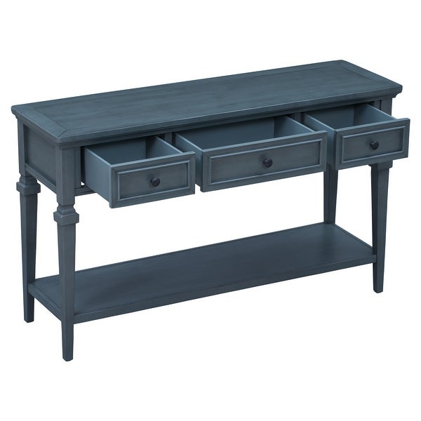 Classic Retro Style Console Table with Three Top Drawers and Open Style Bottom Shelf， Easy Assembly