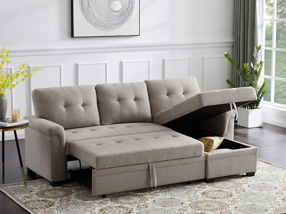 Sectional Sleeper Sofa  Tufted Seat  ampBack With Reversible Storage Chaise  Gray   Transitional   Sleeper Sofas   by Decor Love  Houzz