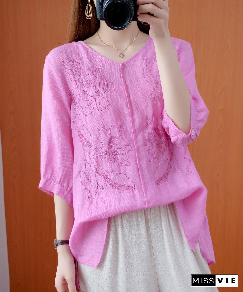 Women pink shirts v neck embroidery oversized summer shirts