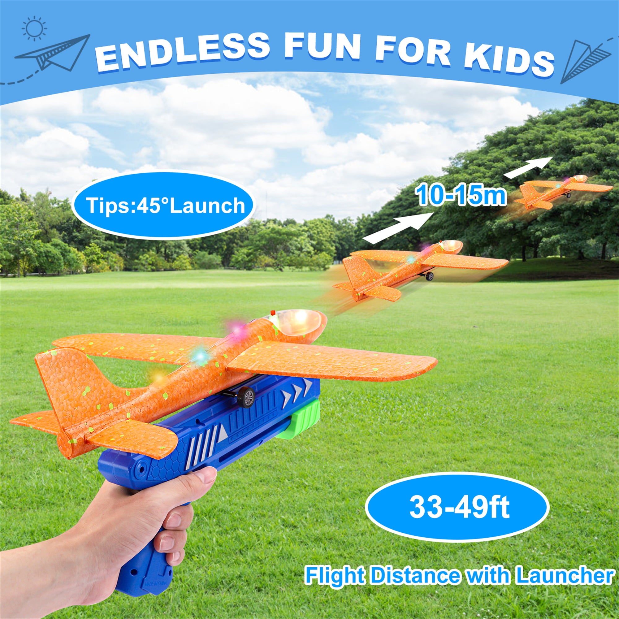 Growsly 3 Pack Airplane Launcher Toys， 12.6 Inch Foam Glider LED Airplane， 2 Flight Modes Catapult Airplane Boy Toys Kids Outdoor Flying Toys Gifts 4-12 Years Old Kids， Green， Orange， Blue