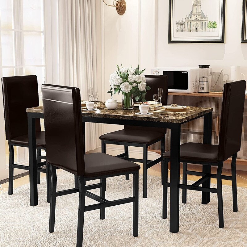 Modern Kitchen Dining Table Set for 4  Faux Marble Dining Set with 4 PU Leather Upholstered Chairs for Living Room  Kitchen