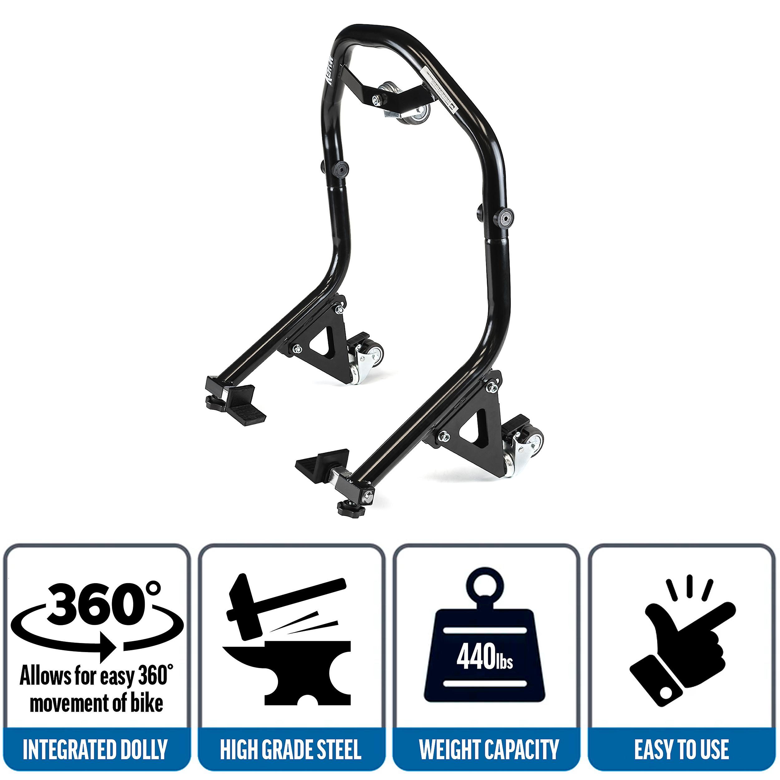 Motorcycle Lift Stand w/ Dolly Wheels， Black， Rear Paddle Lift Attachments， Compatible with 2009-2010 Kawasaki ER-6N