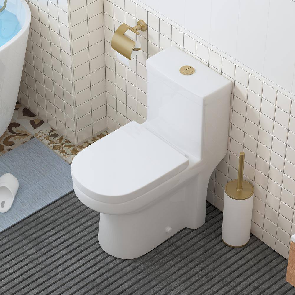 HOROW 1-piece 0.81.28 GPF High Efficiency Dual Flush Round Toilet in. White with Seat Included and Brushed Gold Button HR-0033SG