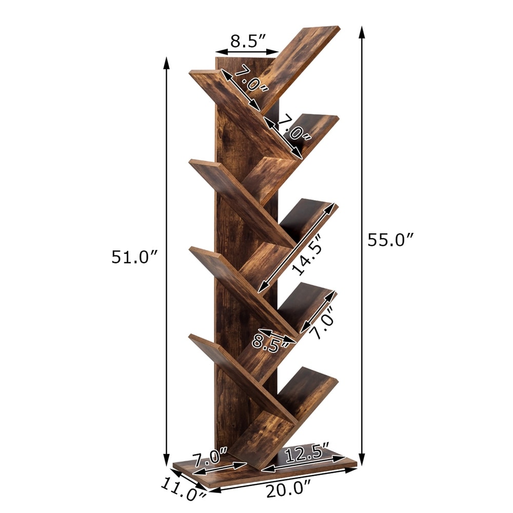 Gymax Tree Bookshelf 8 Tier Bookcase Free Standing Book Rack Display   34'' (L) x 11'' (W) x 37'' (H)