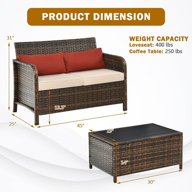 Costway 2pcs Patio Rattan Furniture Set Cushioned Loveseat Table Garden Deck