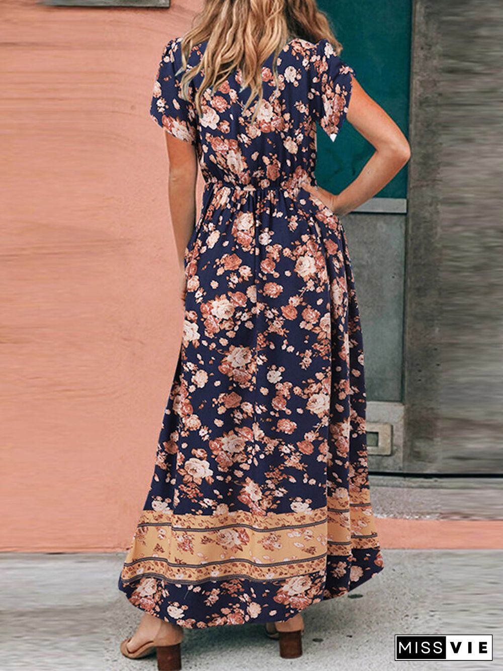 Bohemian Floral Print Tulip Sleeve V-neck Maxi Dress