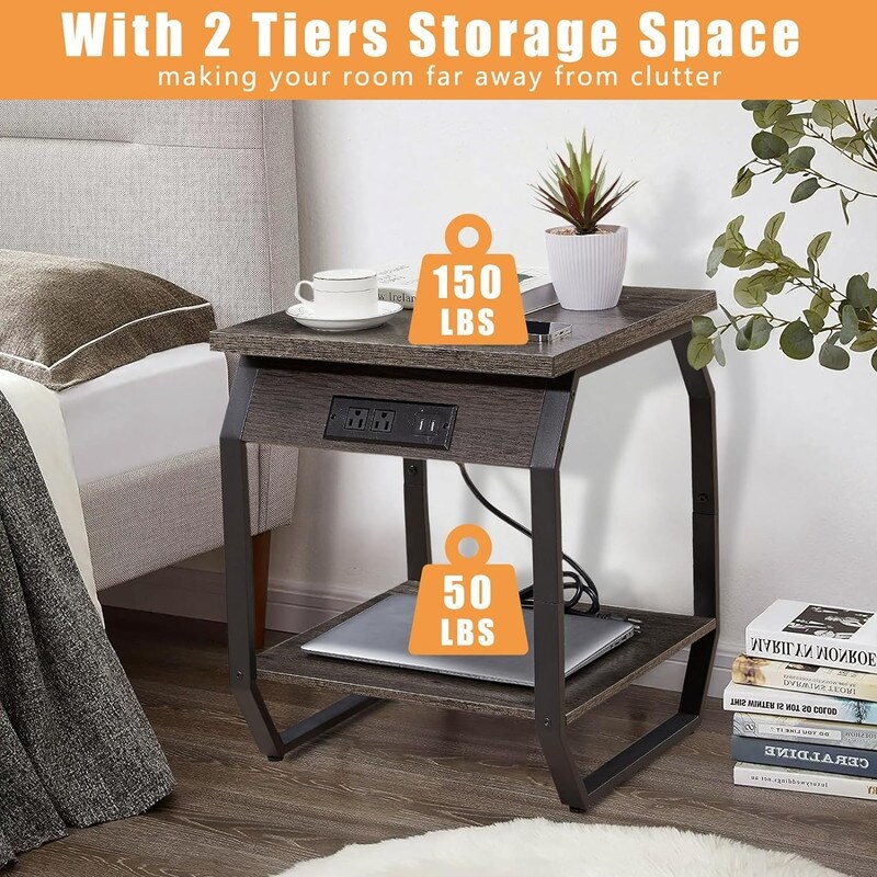 Nightstand with Charging Station Set of 2 Side Table with USB Ports