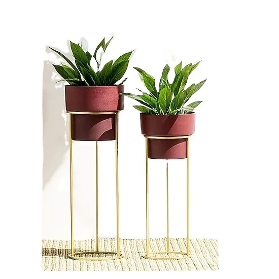 Wine   gold dual tone set of 2 table planter with fancy iron gold plated stand large garden planter pots standing planter supply