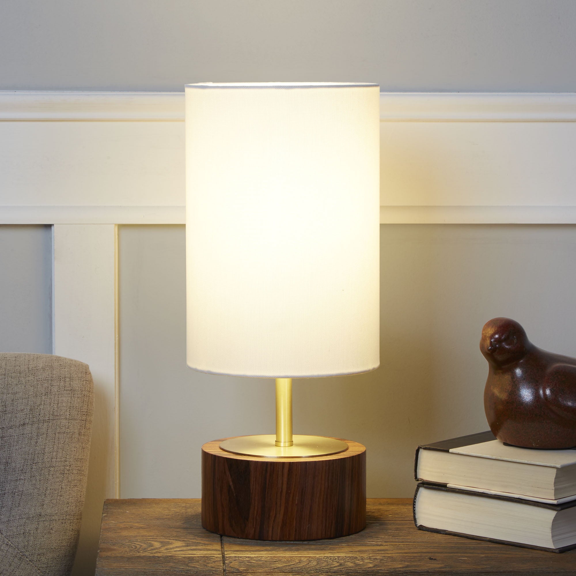 Better Homes & Gardens Woodgrain Touch Table Lamp, Walnut Color Base and Brushed Brass Finish