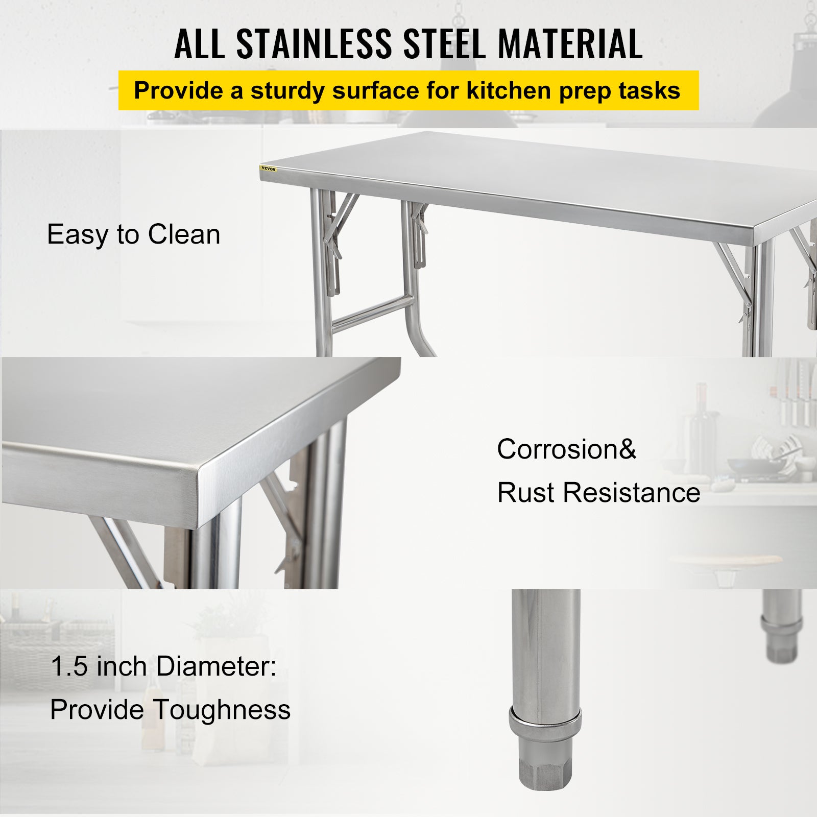 VEVOR Commercial Work Table Workstation 48 x 30 Inches Folding Commercial Prep Table， Heavy-Duty Stainless-Steel Folding Table with 661 lbs Load， Silver Stainless-Steel Kitchen Island