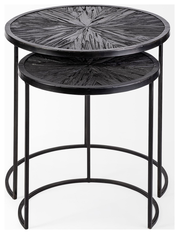 Chakra Dark Brown Solid Wood w/ Black Metal Frame Round Accent Tables (Set of 2)   Industrial   Coffee Table Sets   by Mercana  Houzz