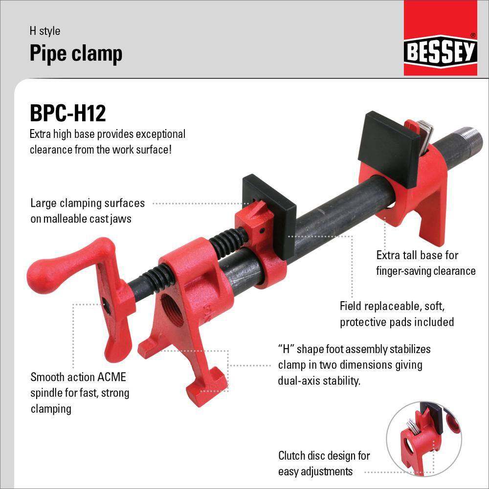 BESSEY H-Style 12 in. Black Pipe Clamp Fixture Set 1 (-Piece) BPC-H12