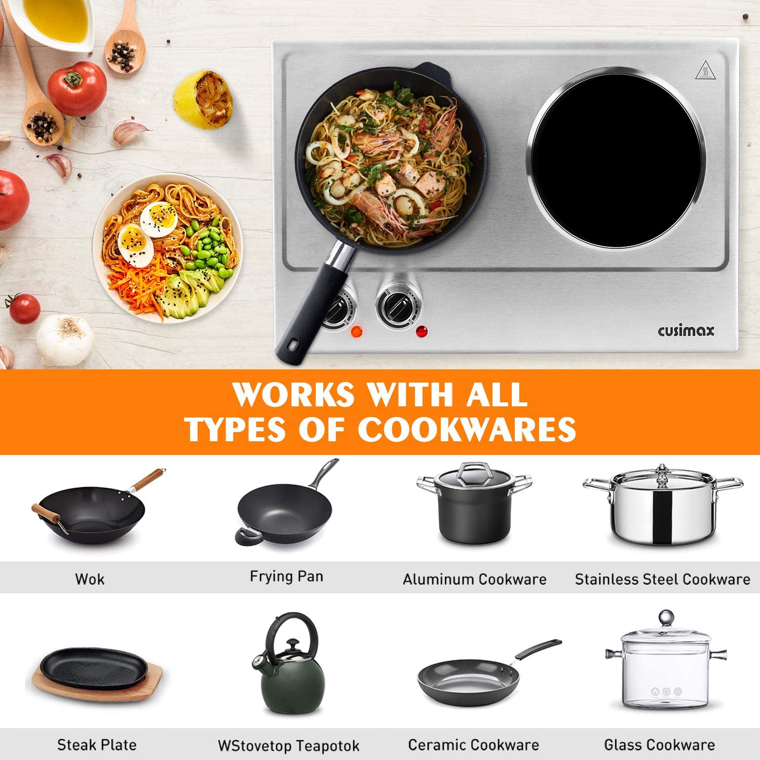 Cusimax Hot Plate Electric Stove， 1800W Double Burners， Infrared Cooktop， Compatible w/All Cookware， Upgraded Version