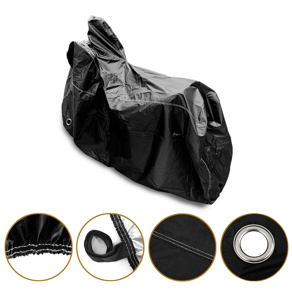 Protective Case Waterproof Motorcycle Cover with Reflective Strip， Dust Resistant Rain Snow UV Wind Sun Bird droppings 265x105x125cm Black 104 inches