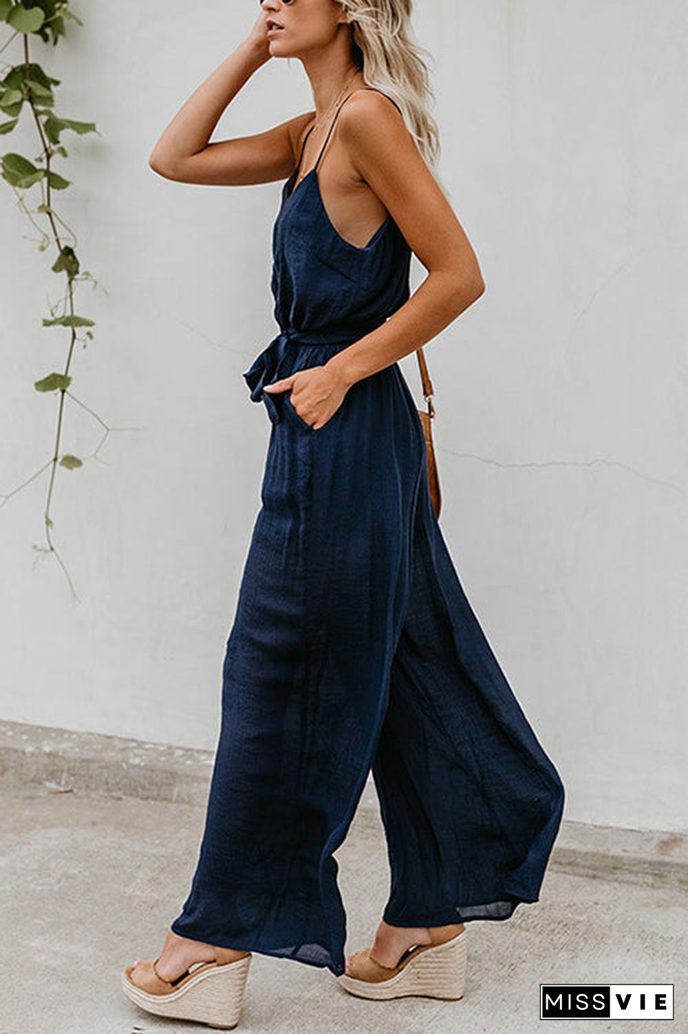 Flowy V Neck Belted Slip Jumpsuits