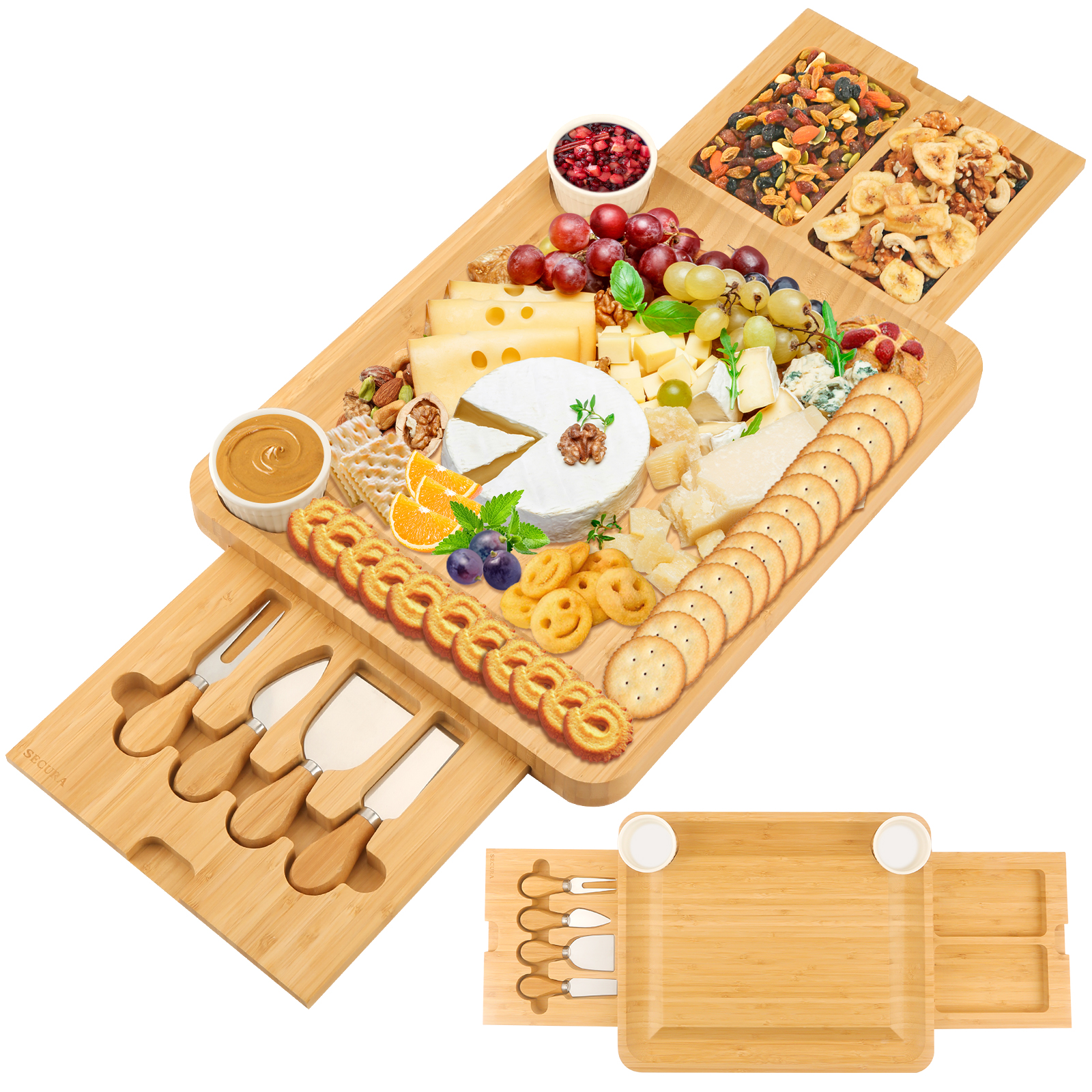 Secura Cheese Board Set， Bamboo Charcuterie Board Meat Platter Serving Tray and Knife Set with 2 Ceramic Bowls， Gift for Mother's Day Easter Thanksgiving Christmas Housewarming Wedding Anniversary